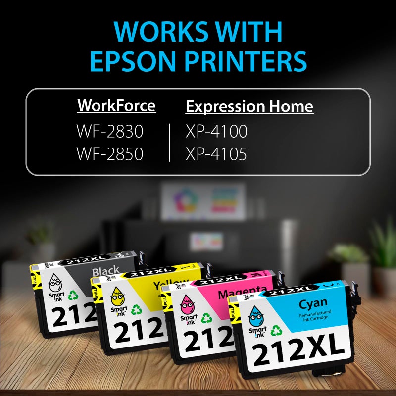 Smart Ink Remanufactured Ink Cartridges Replacement for Epson 212 212XL T212XL (Black and Cyan/Magenta/Yellow) to use with Epson Workforce series WF-2830 WF-2850 XP-4100 XP-4105 Printer (4 Combo Pack) - Image 3